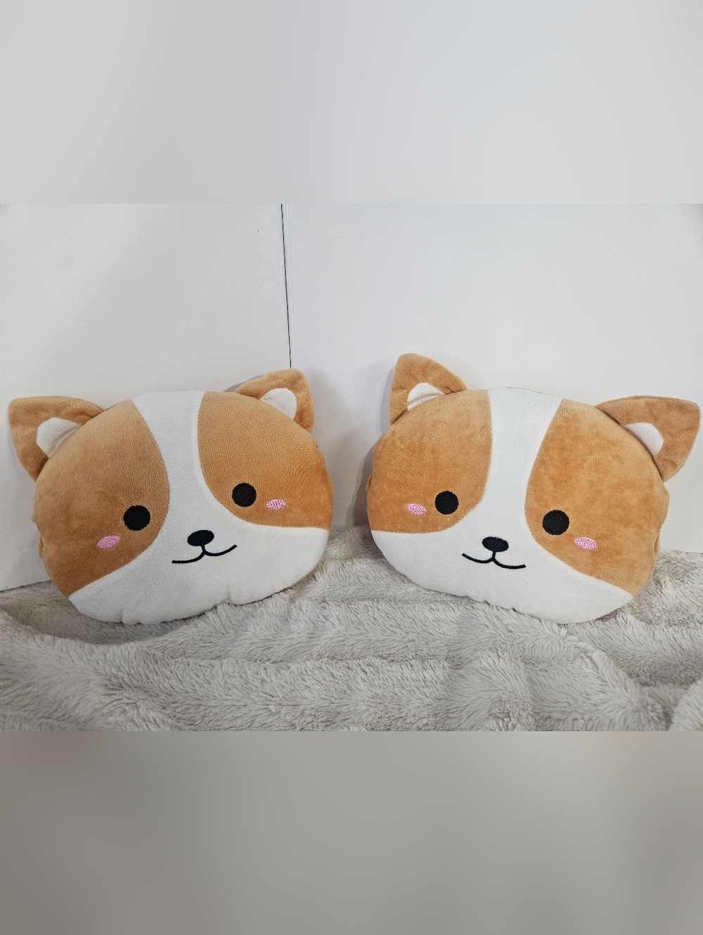 Cute Tan & White Dog Face Plush Pillow Pair